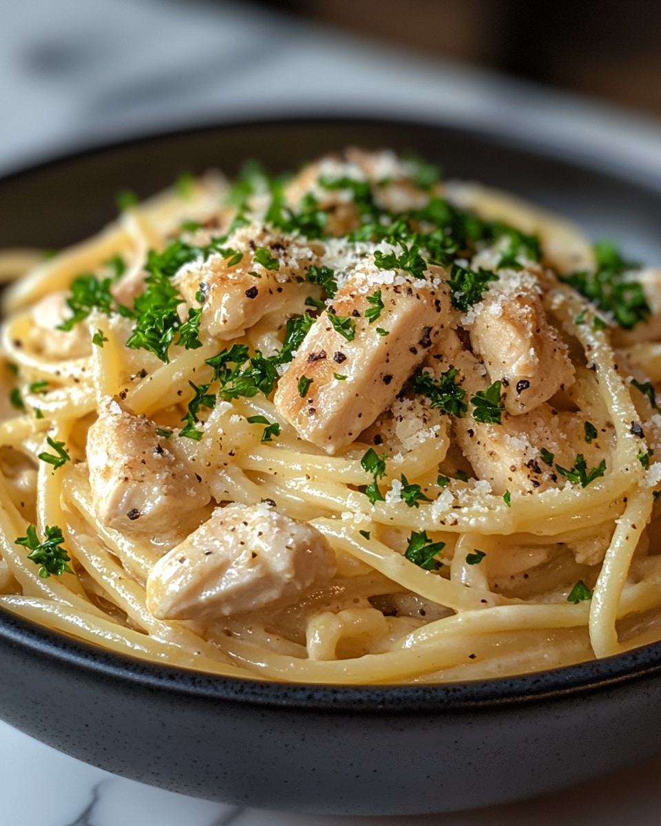 Creamy Chicken Carbonara Spaghetti with Parmesan and Garlic