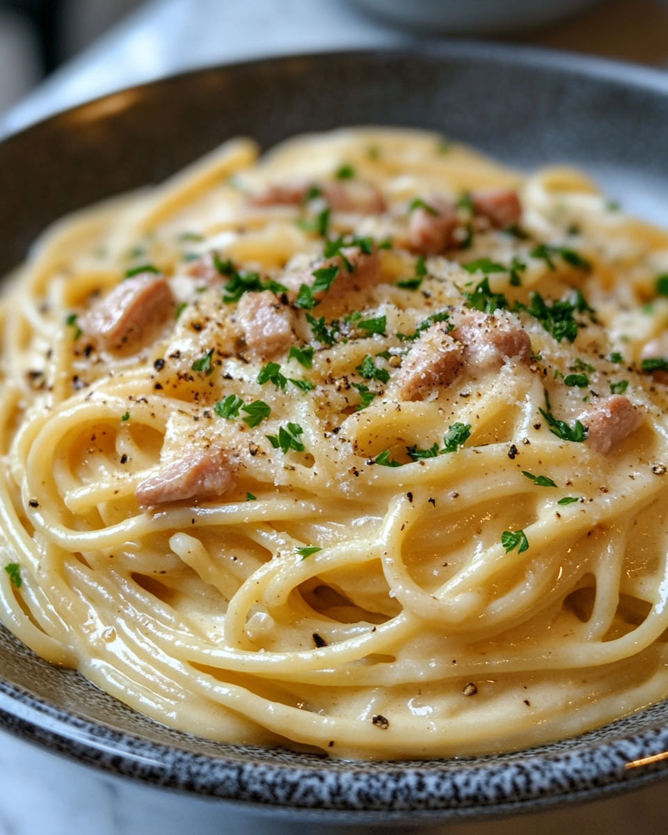 Smoked Turkey Carbonara Spaghetti with Creamy Parmesan Sauce