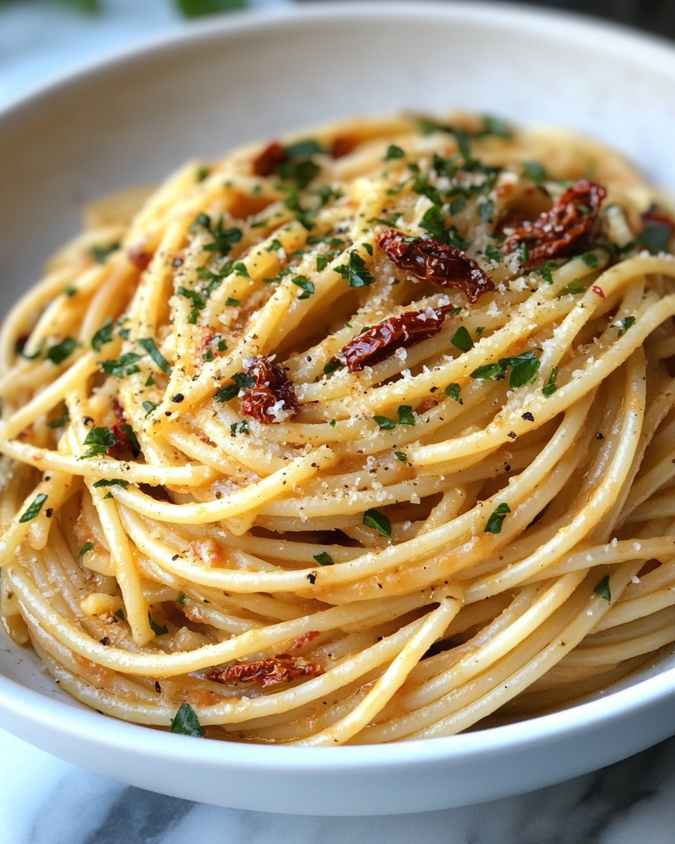 Sun-Dried Tomato Garlic Cream Spaghetti with Parmesan and Herbs
